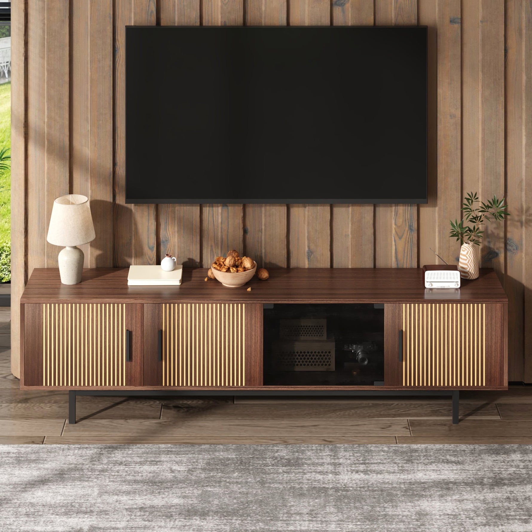 TV Cabinet Lowboard Carved Texture LED Light Tempered Glass