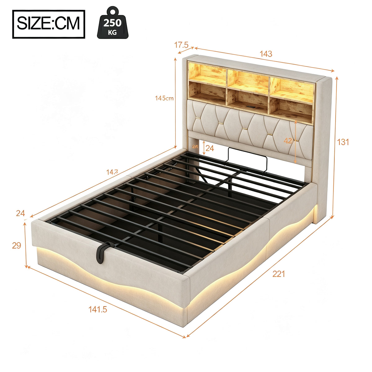 Upholstered Bed 140x200 with Storage & LED, Beige Linen