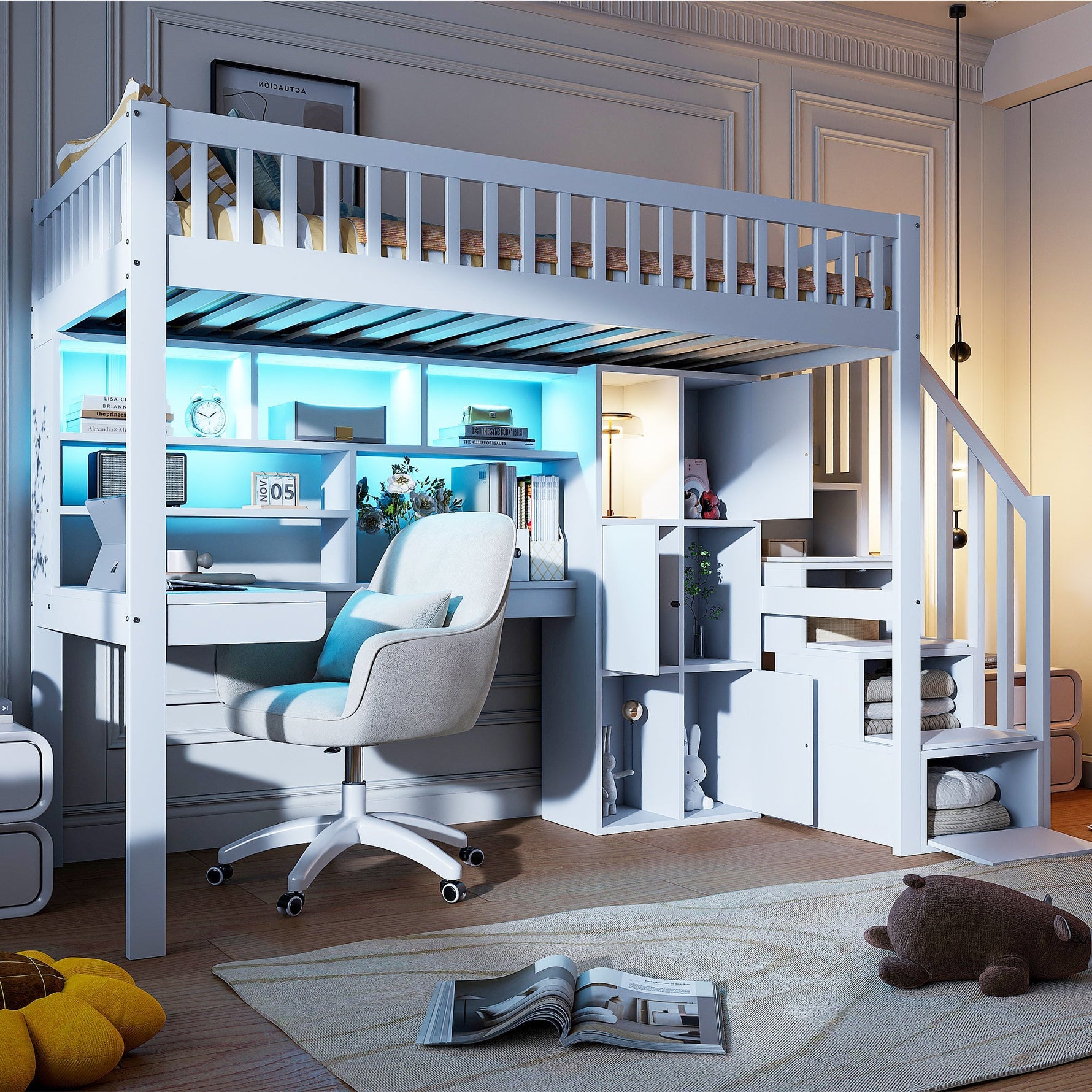 Loft Bed with LED Lights, Desk, Shelves and Storage Ladder, White Pine Wood and MDF