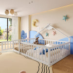 Children's Flatbed with House Rail and Locking Railing, 140x190 cm, White Pine Wood