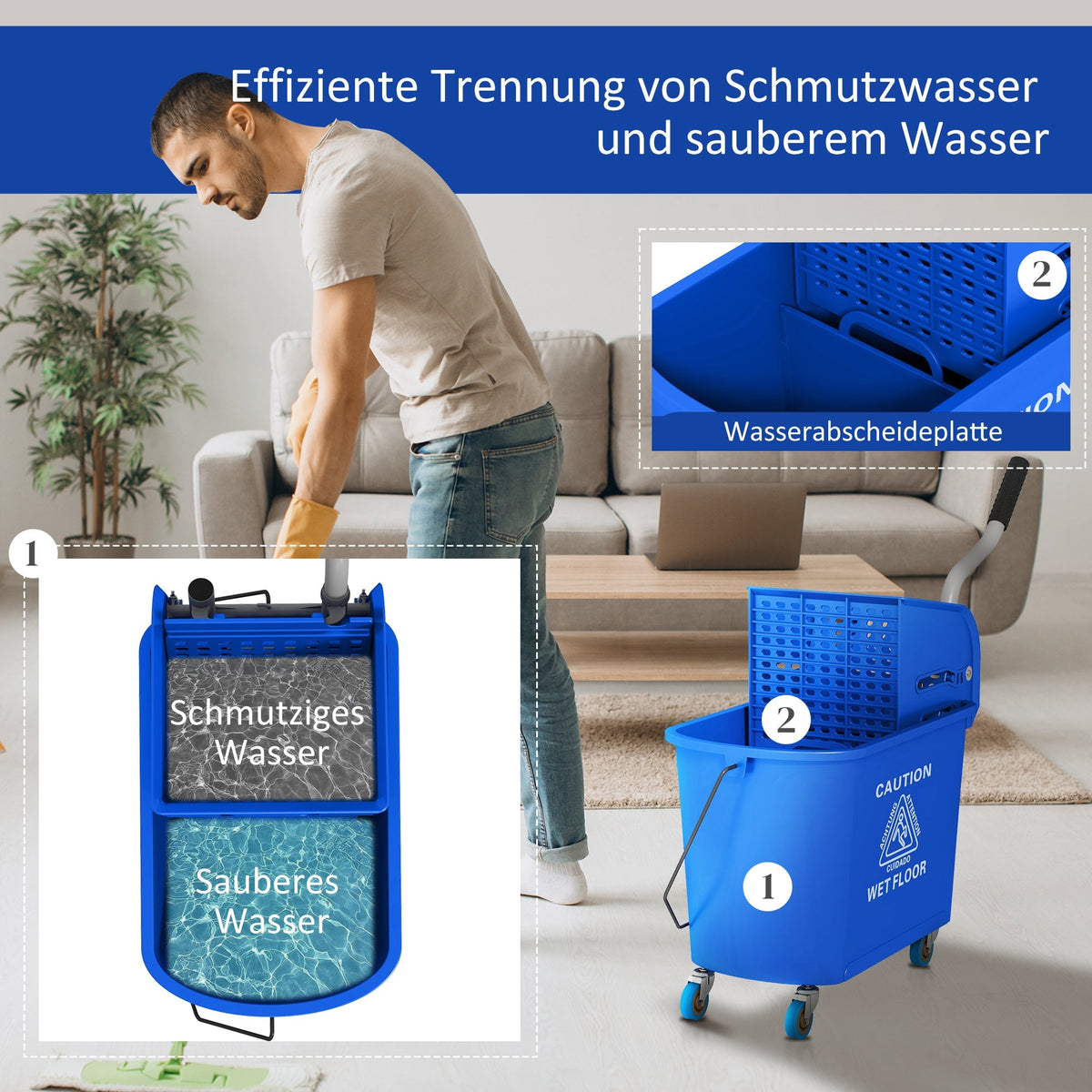 Cleaning Cart, 20L with Spin and Separator, Blue