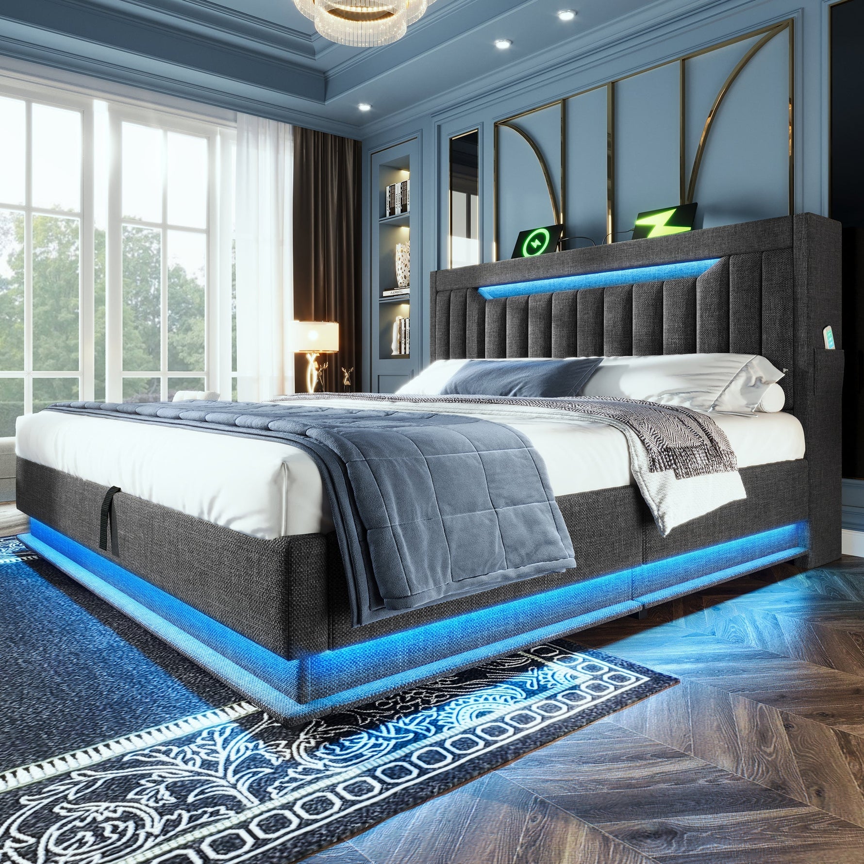 Upholstered Double Bed with Hydraulic Storage, LED Lighting and Charging Station, 140x190cm, Grey Linen