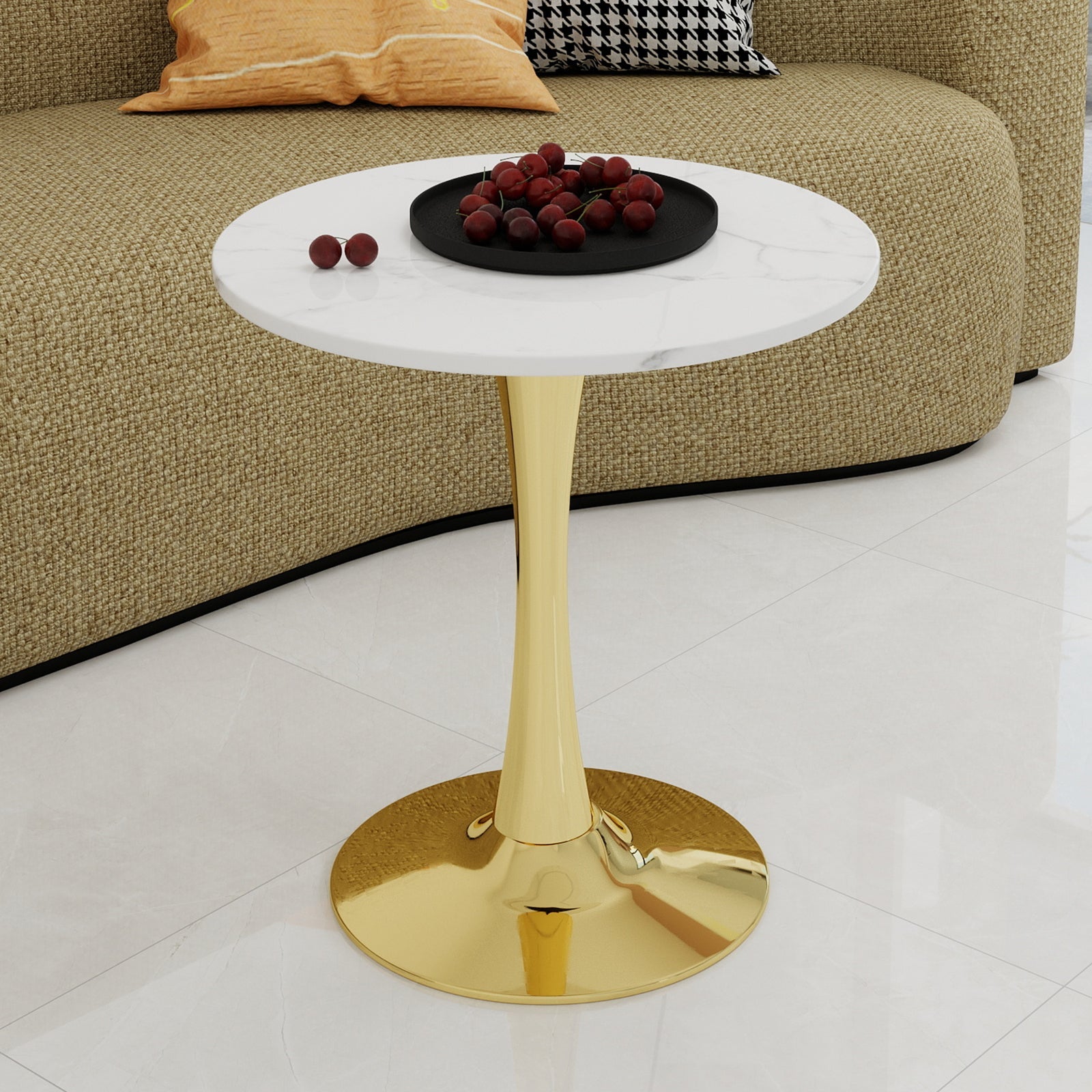 Coffee Table Round Marble Top Mid-Century Modern Style 27.6-inch Golden