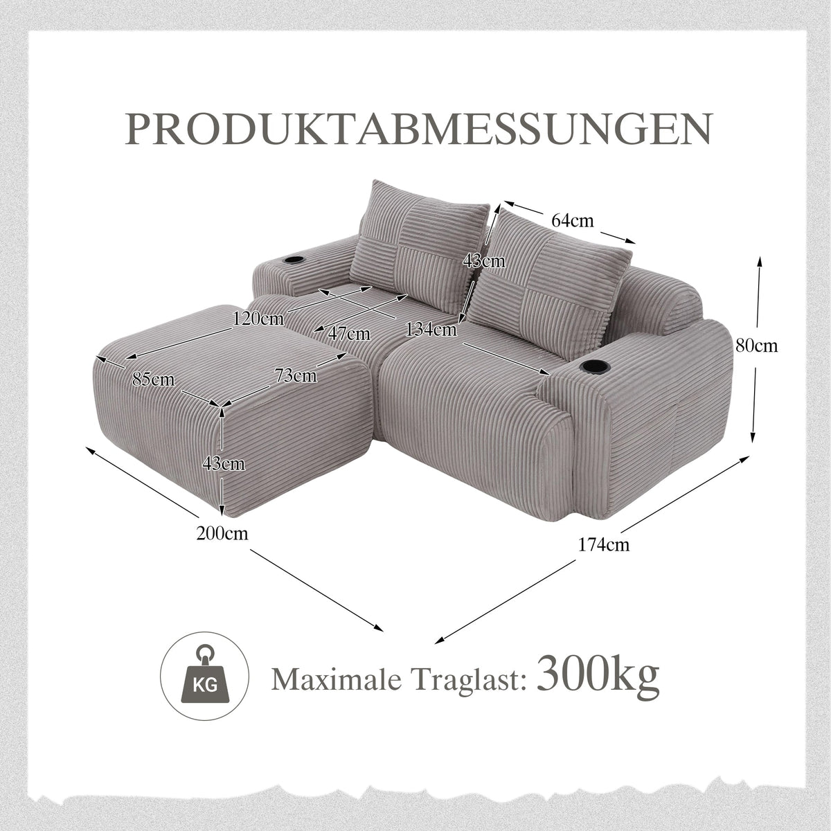 Modular Sofa for 2 People, Freely Combinable with Ottomans and Cup Holder, Light Grey Corduroy
