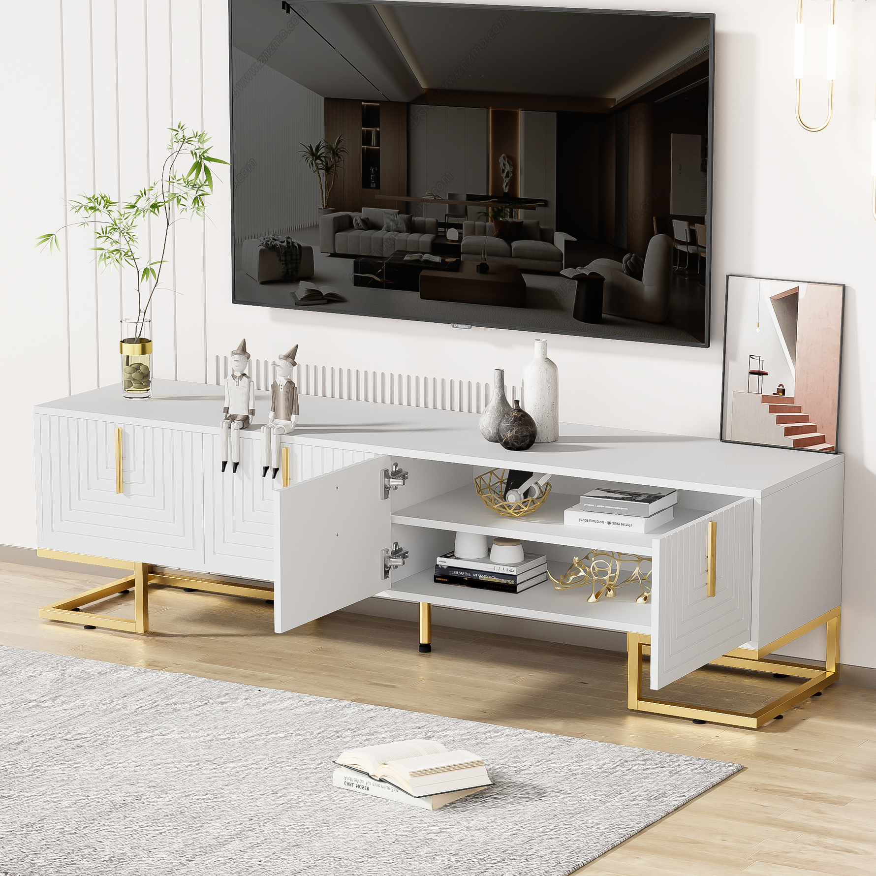 TV Cabinet Lowboard Textured Door Gold Handles and Feet