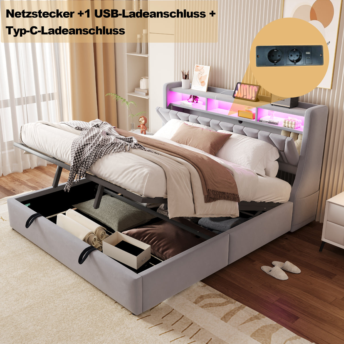Upholstered Storage Bed 180x200cm with LED, Light Grey Velvet