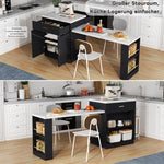 Kitchen Island with Extendable Dining Table for 4-6 People, Power Outlet and Storage Drawers, Black and White Marble Look