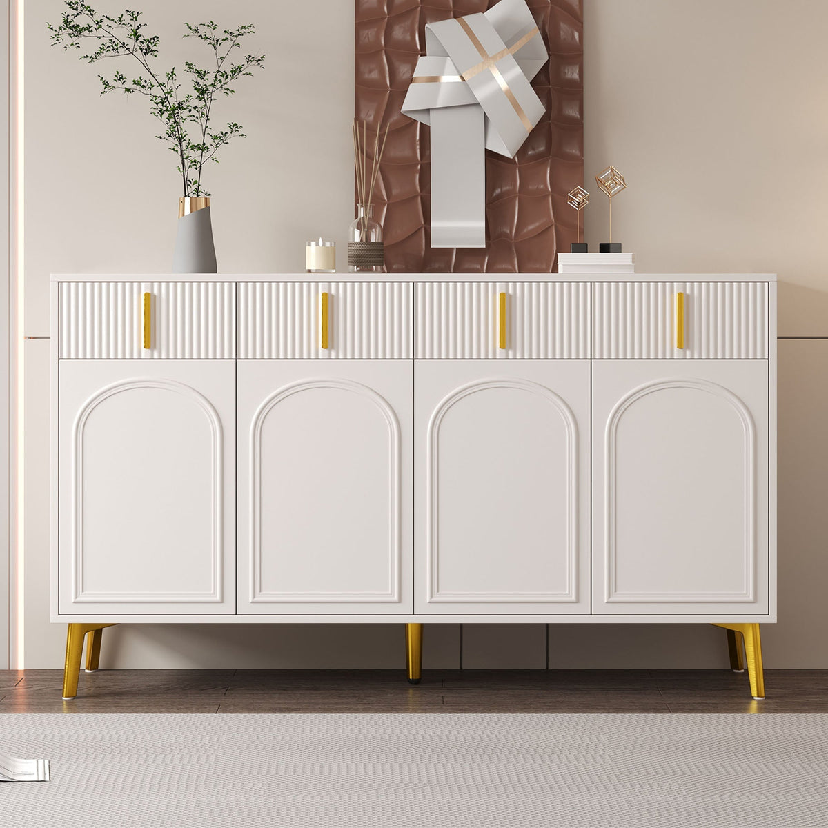 Sideboard, 4 Doors 4 Drawers, Gold Handles Legs, White MDF