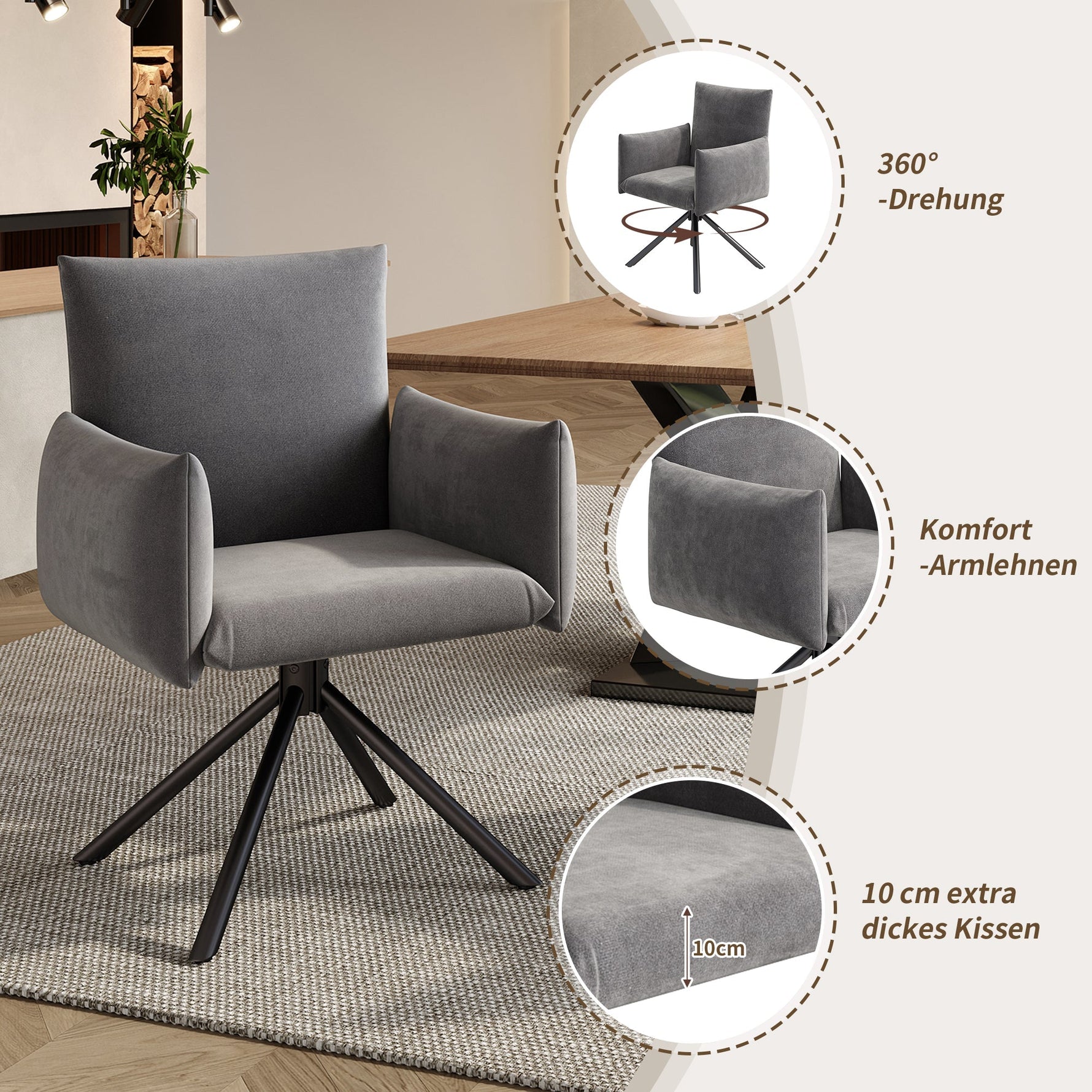 Set of 4 Dining Chairs Upholstered Swivel Metal Legs - Velvet Grey