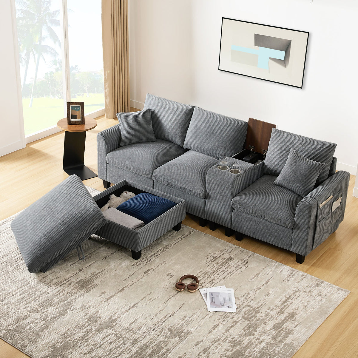 Modern L-shaped Corner Sofa Convertible Console Cup Holders USB Corduroy Fabric