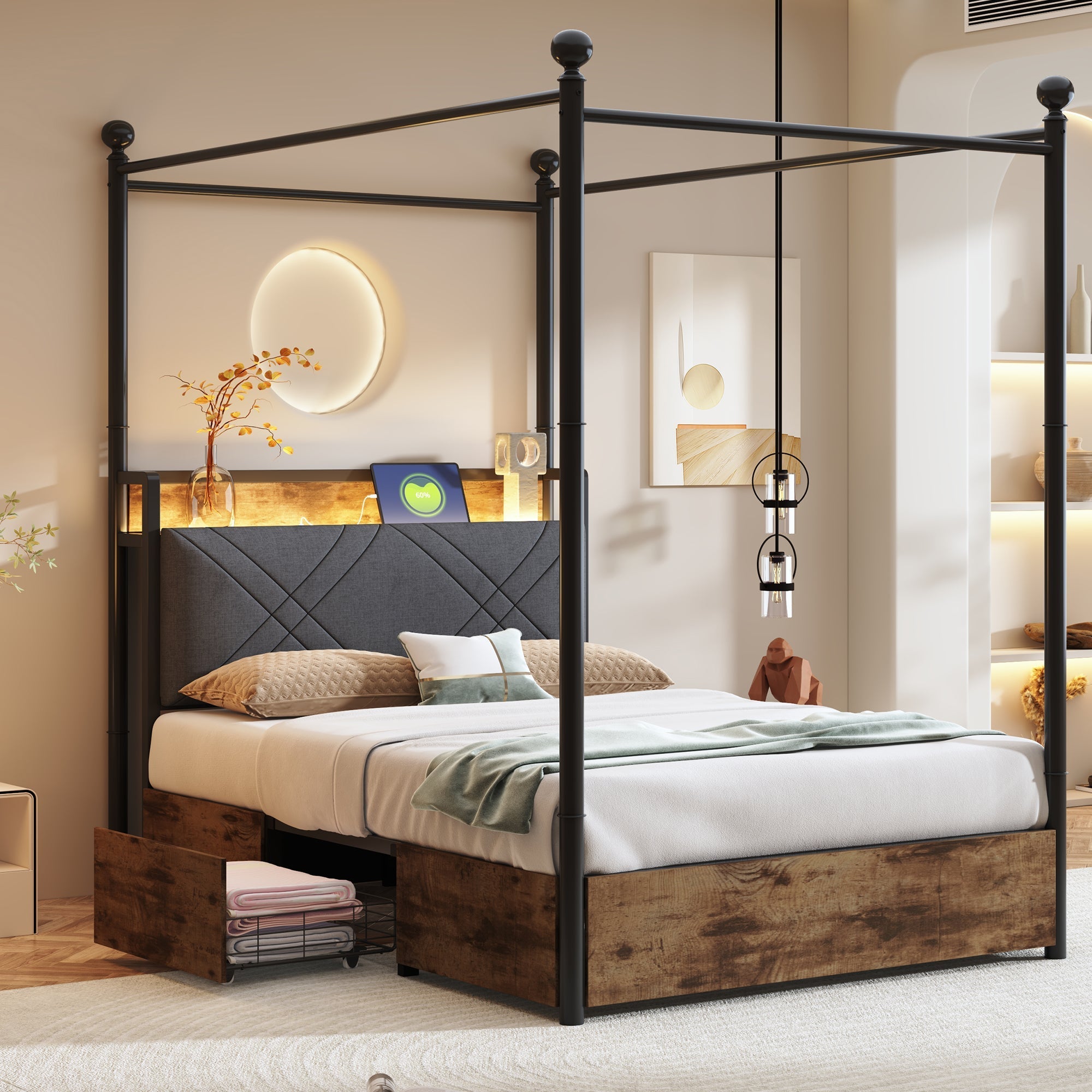 Multifunctional Bed 90x190cm, Storage, Wrought Iron Canopy, LED/USB Ports, Iron