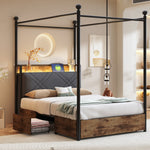 Multifunctional Bed 90x190cm, Storage, Wrought Iron Canopy, LED/USB Ports, Iron