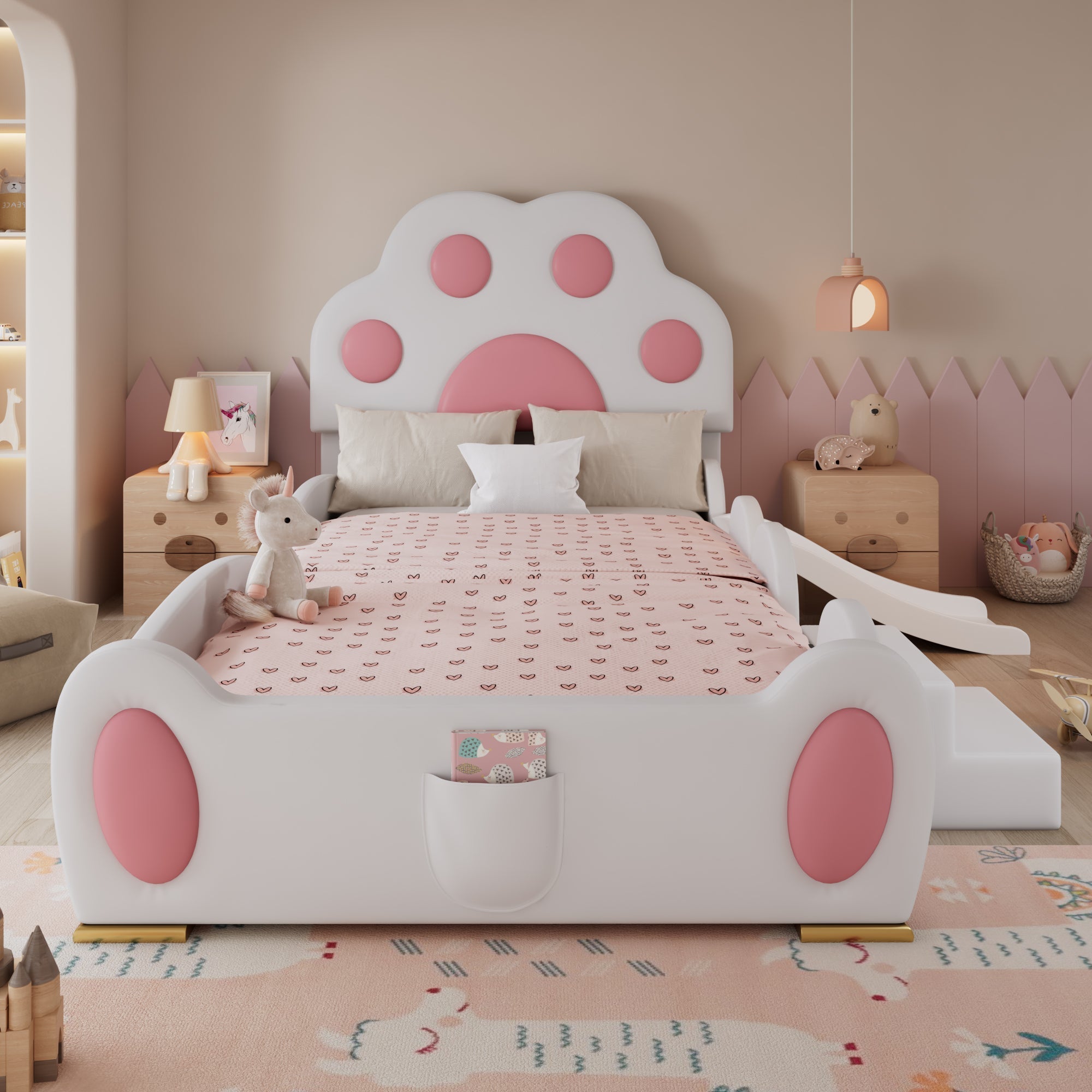 Upholstered Bed, Children's Cat Paw Headboard with Slide & Ladder, PU White + Pink