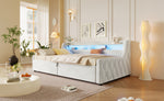 90x200 Platform Bed with Hydraulic Storage & LED, Beige Velvet