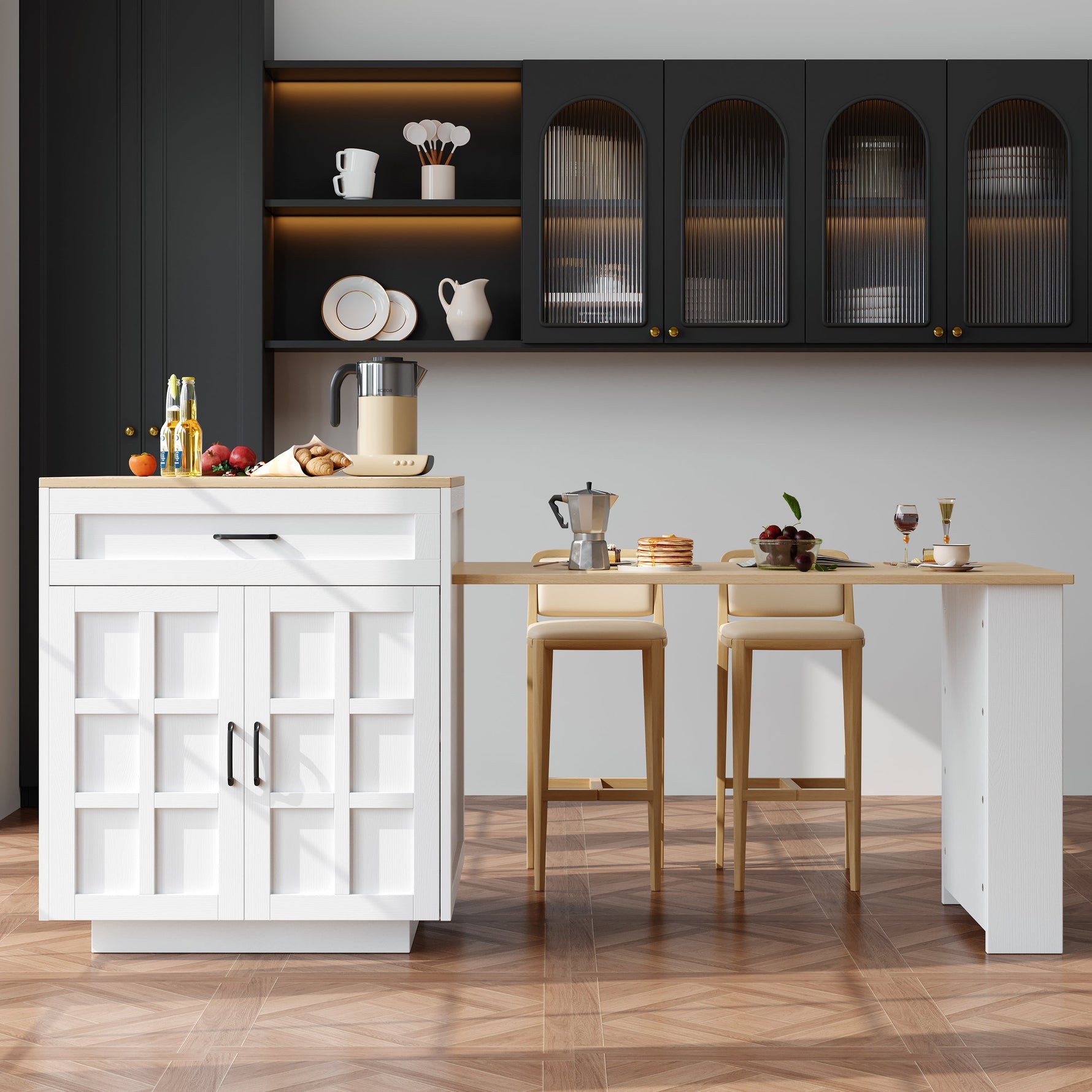 Extendable Bar Table Storage Drawers Shelves Kitchen Island - White