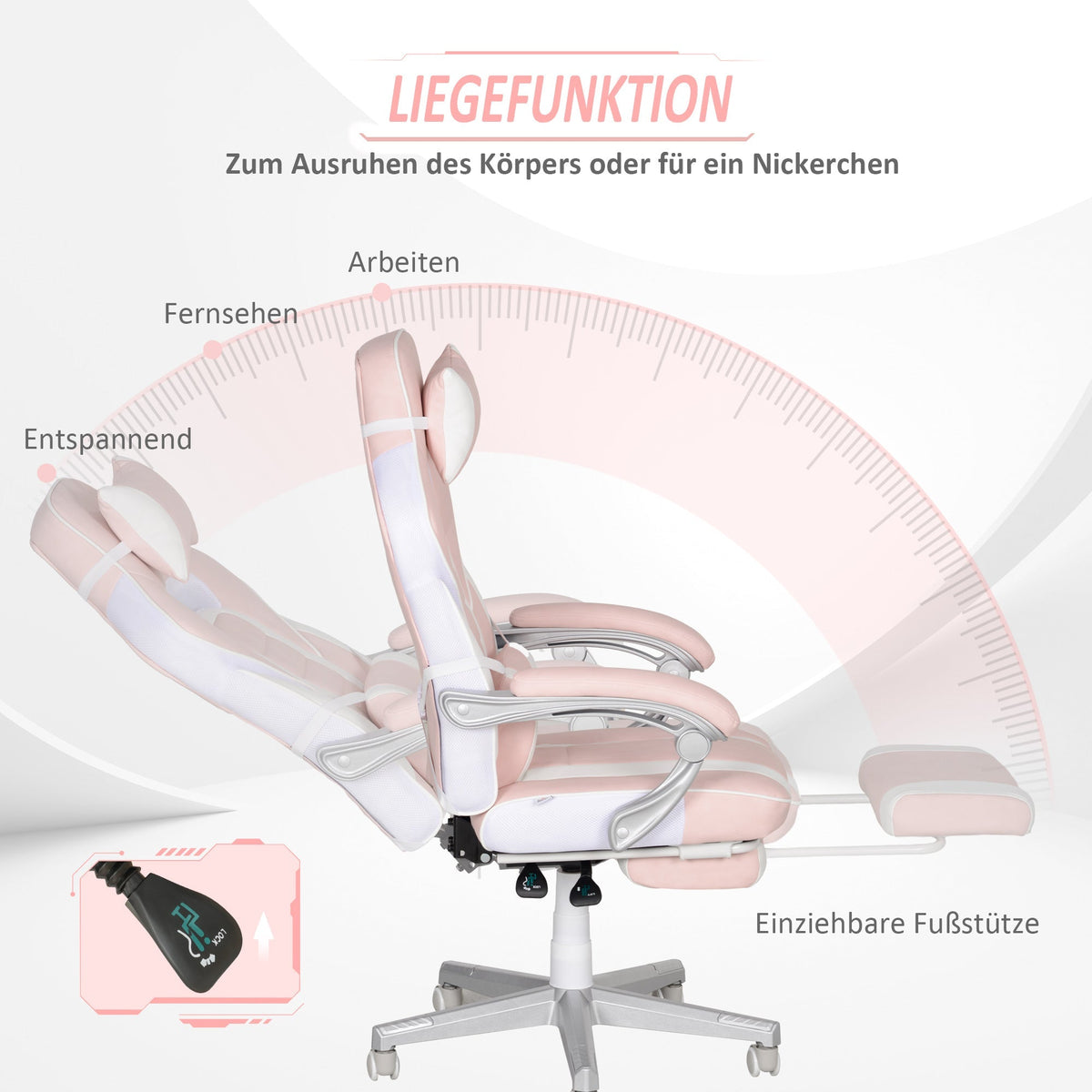Gaming Chair, Height-Adjustable Swivel with Footrest, Pink Faux Leather