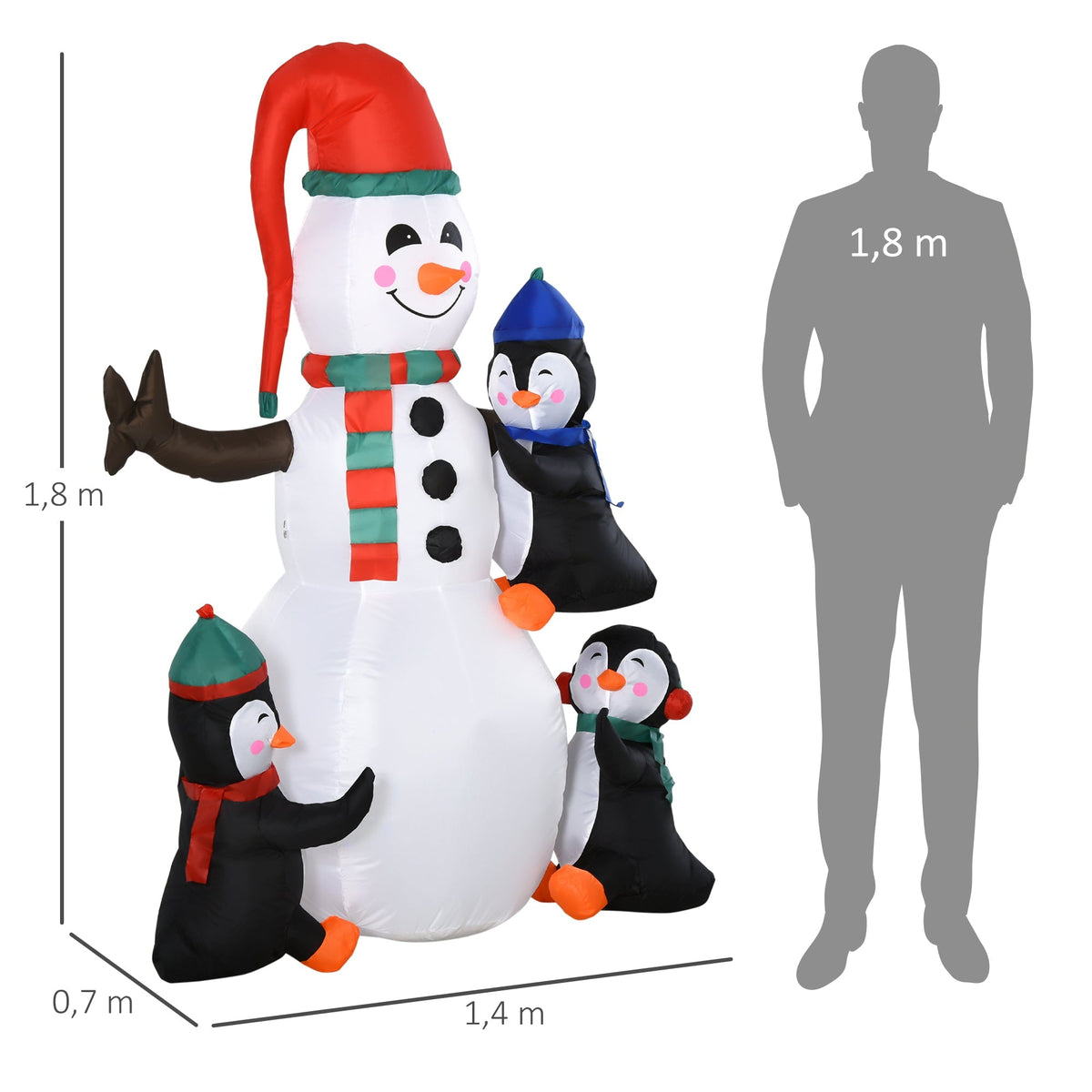 Inflatable Snowman with 3 Penguins, LED Lighting, Polyester