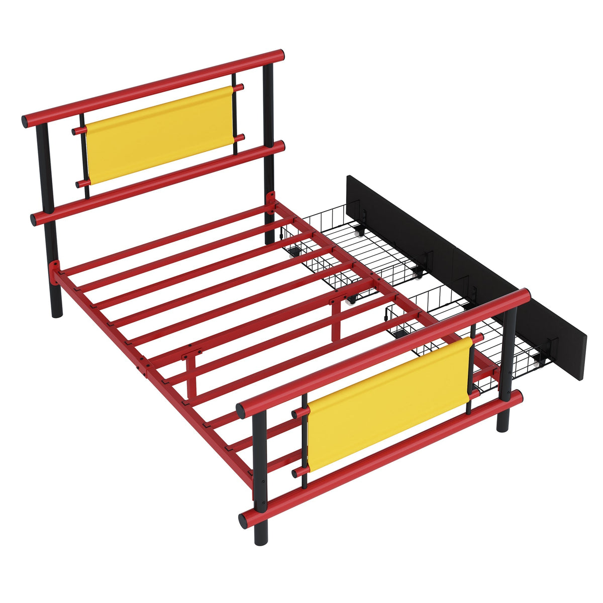 Metal Platform Bed with Drawers and Sturdy Steel Construction, 90x200cm, Red Metal