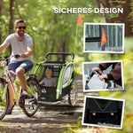 2-in-1 Bicycle Trailer, 2 Children, Push-along, Rain Cover, Brake, Green