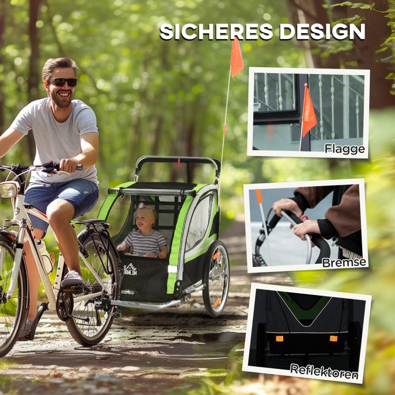 2-in-1 Bicycle Trailer, 2 Children, Push-along, Rain Cover, Brake, Green