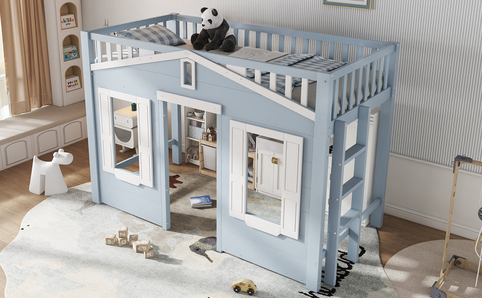 Children's Loft Bed 90x200cm with Ladder & Window, Blue Wood