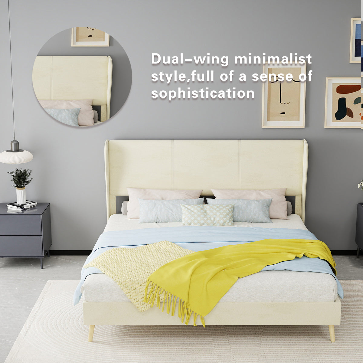 Upholstered Bed with Soft Headboard & Mattress, 160x200cm, Beige