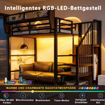 Loft Bed 90x200 with LED Light & Storage Ladder, Black Metal