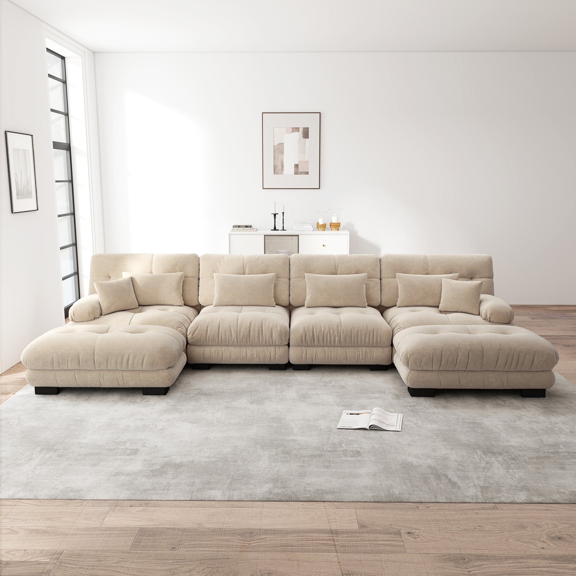 Modular Corner Sofa, U-Shaped 4-Seater with Movable Ottoman, DIY Combination, Chenille Light Brown