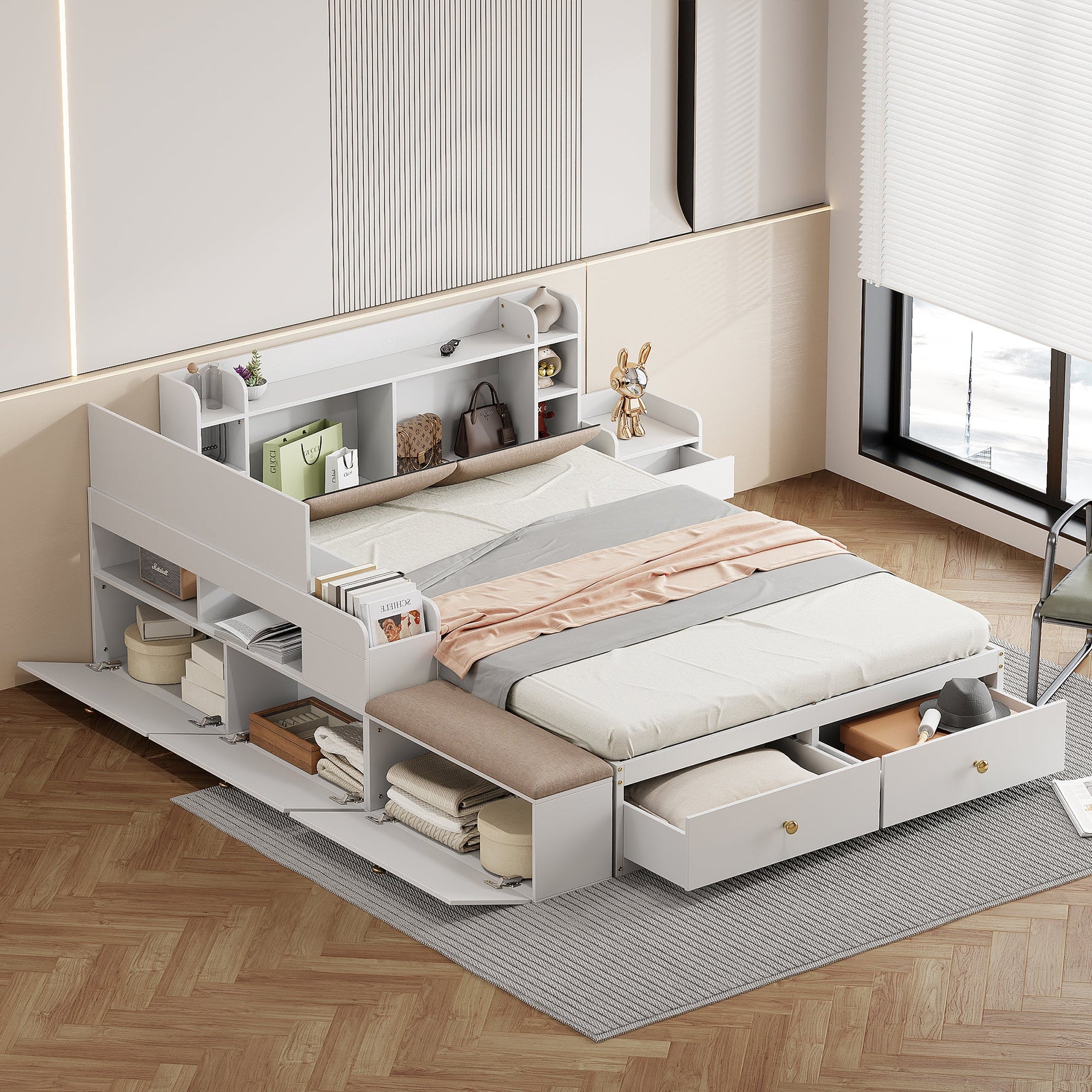Solid Wood Combination Bed 140x200cm, Storage Headboard, Drawers, Nightstand, Wardrobe, Sofa Bench, White
