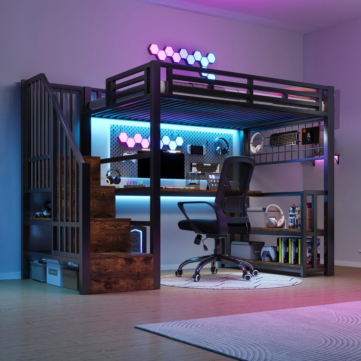 Loft Bed 90x200cm with Desk, LED & Storage, Black Metal