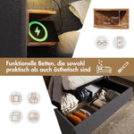 Upholstered Double Bed 160x200, with Bedside Table, Reading Lamp, USB-C, Gray Linen