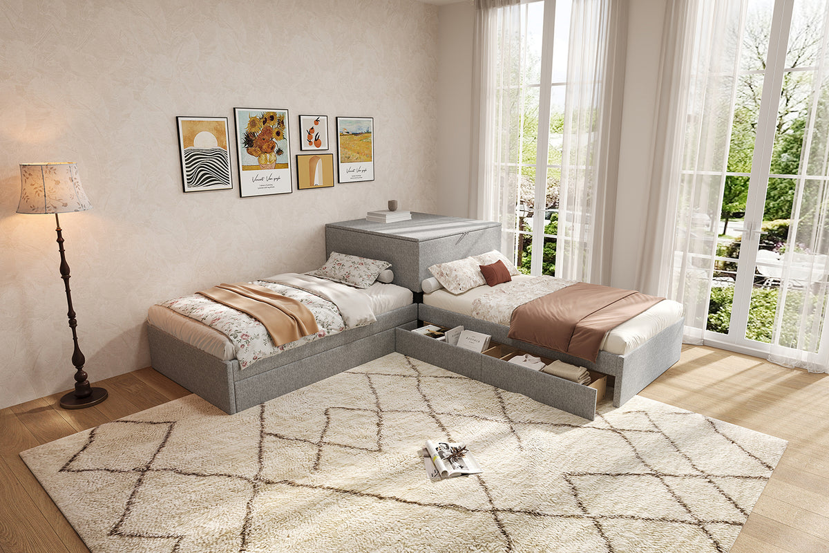 Corner Bed with Trundle & Storage, 90x200 cm, Grey Linen