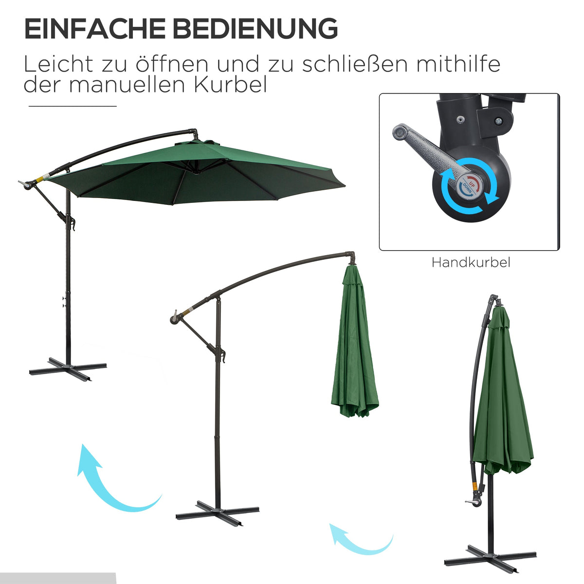 Cantilever Parasol Crank Sunshade Steel Frame Ø2.95x2.45m Green Polyester