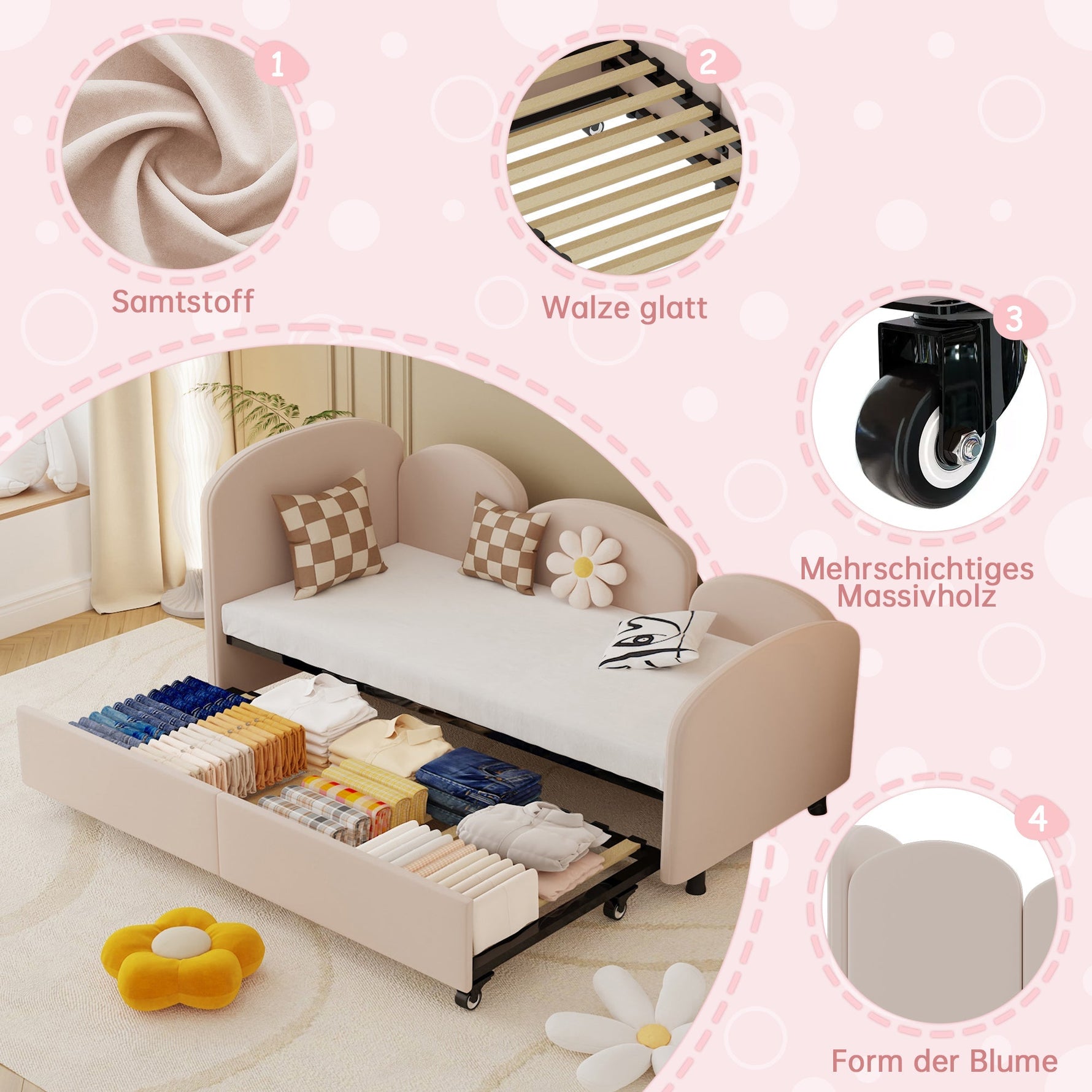 SOFTSEA Twin Size Daybed, Velvet Upholstered with Storage Drawers