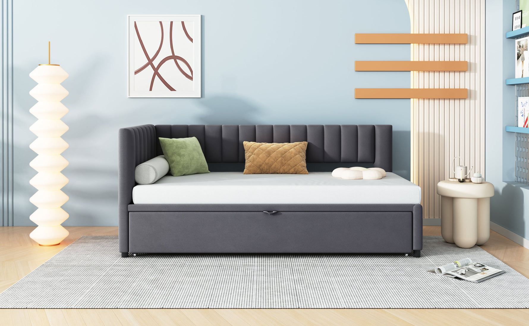 Sofa Bed, L-Shaped Pull-Out 90/180*200cm, Velvet Fabric, Gray