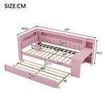 Upholstered Daybed with USB, LED, Pull-out Bed and Desk, 90x200cm, Pink