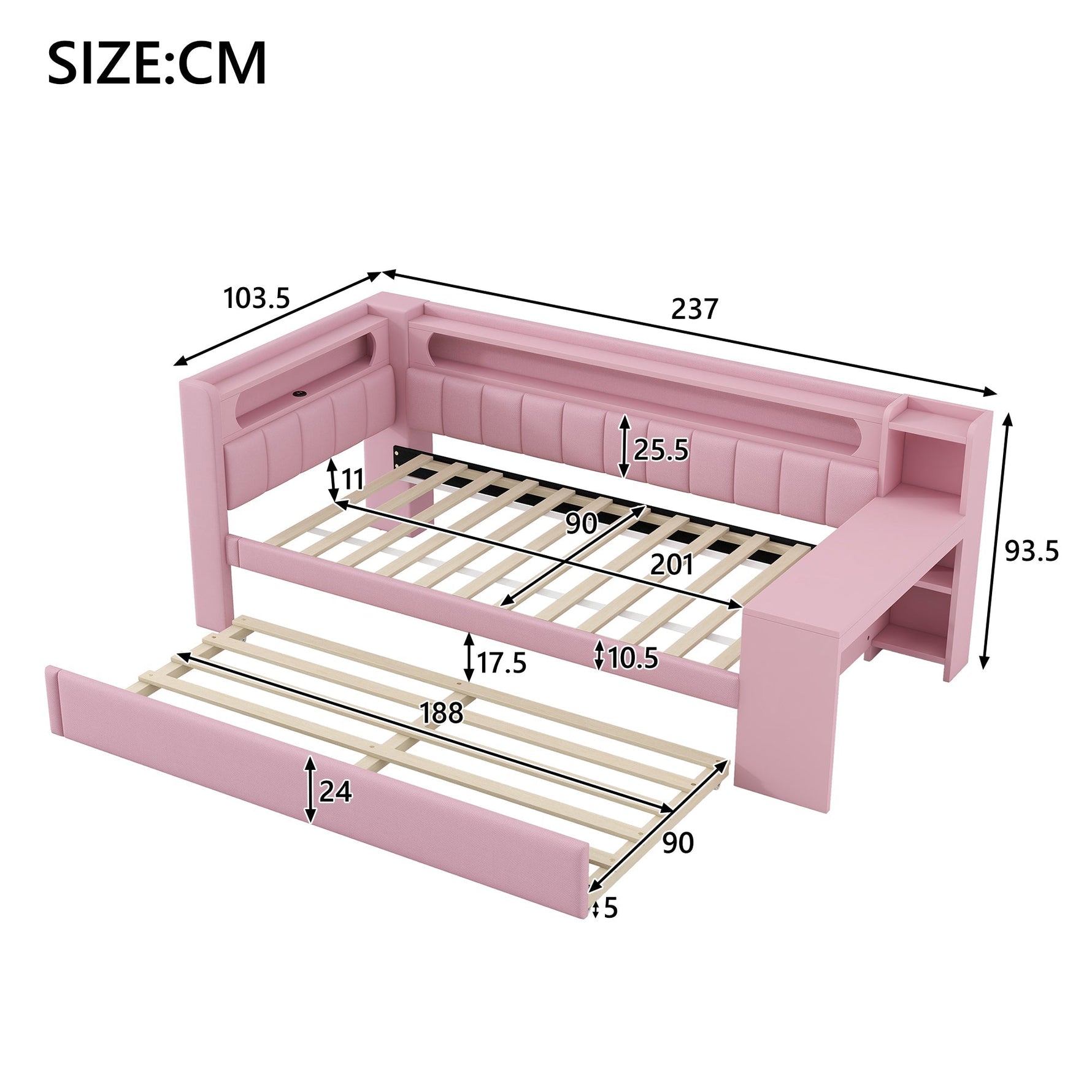 Upholstered Daybed with USB, LED, Pull-out Bed and Desk, 90x200cm, Pink