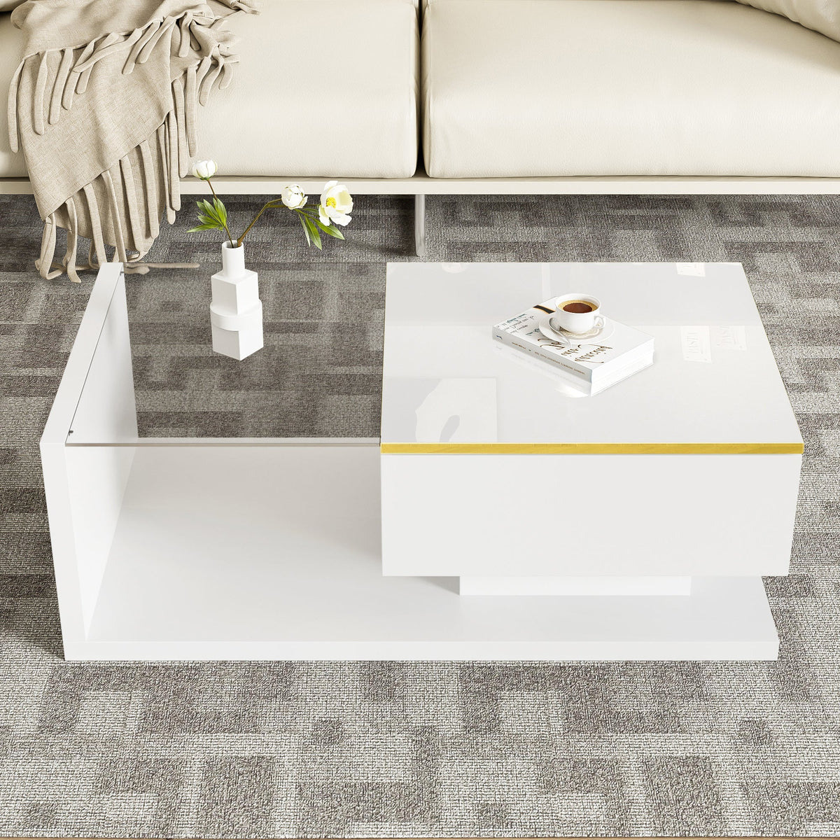 Coffee Table 90cm, High-Gloss White with Glass & LED Effect