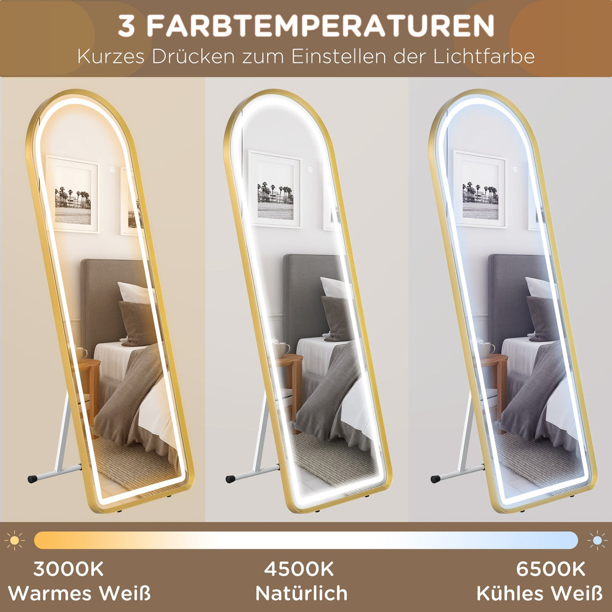 Full-Length Mirror, Dimmable LED, Wall & Standing, Touch Switch, Gold