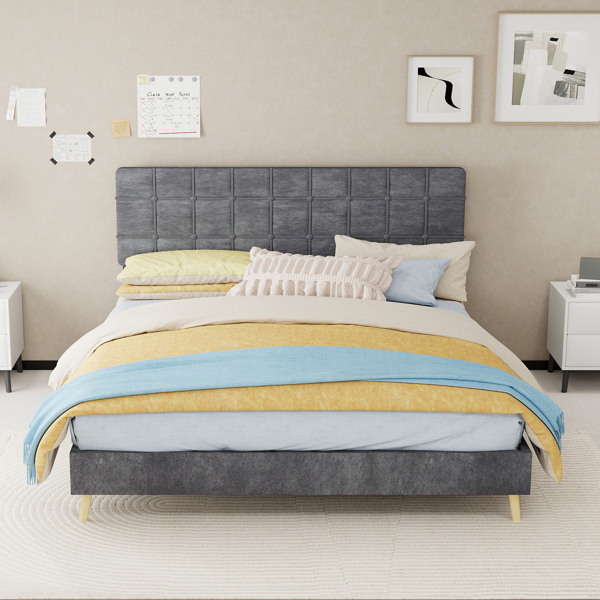 Modern Double Bed with Plaid Headboard 160x200cm, Dark Gray Fabric