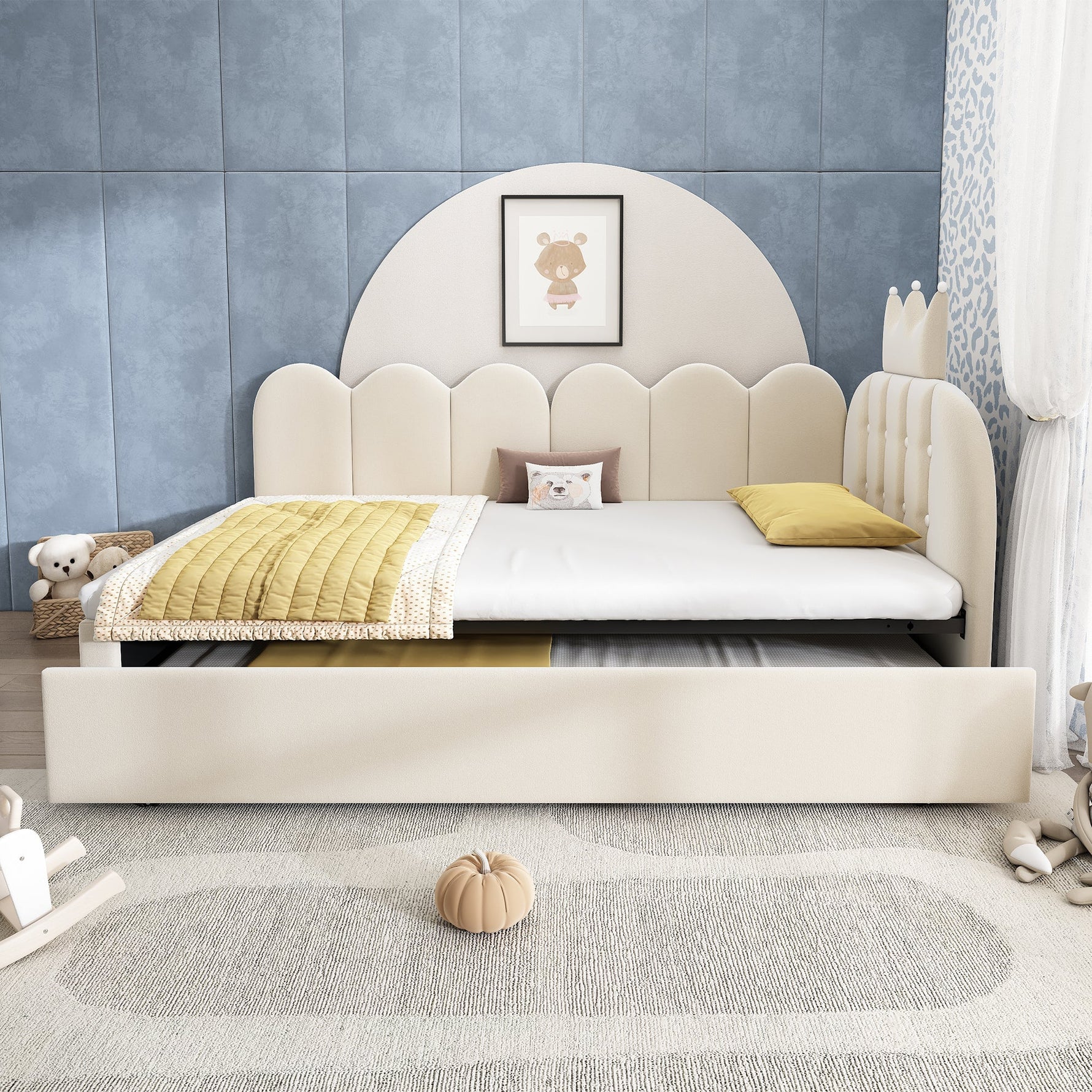 L-Shaped Sofa Bed with Pull-out Bed, Crown Lattice Design, 90x200cm, Beige Velvet
