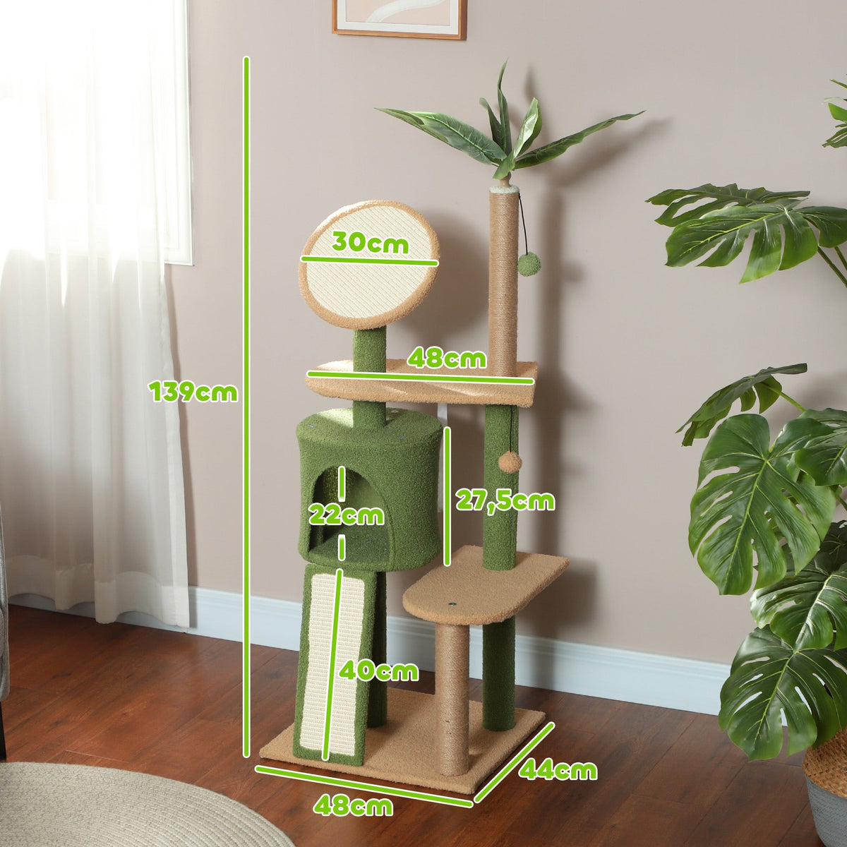 Cat Tree 139cm, with Cat Cave, Sisal Scratching Posts, Green