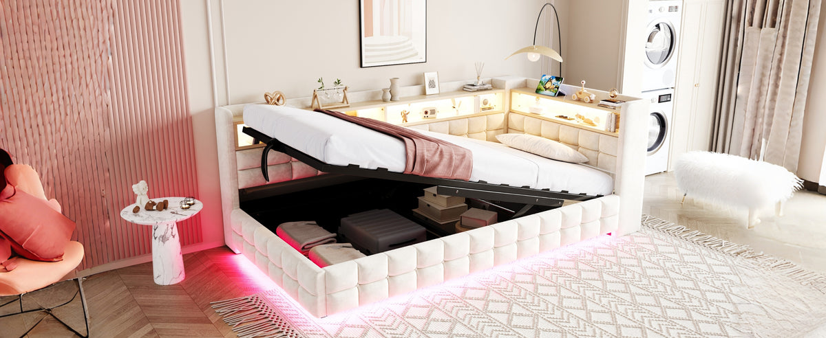 Upholstered Sofa Bed 90x200 with Hydraulic Storage, Beige Velvet