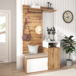 Wardrobe Set with Mirror, Shoe Cabinet, Coat Rack, Bench, Hooks - White and Wood-colored