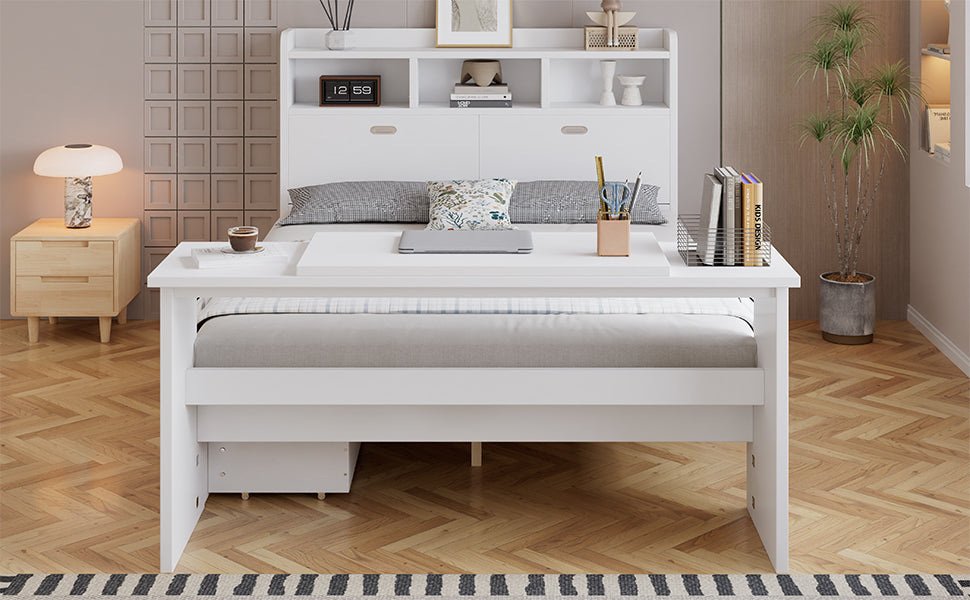 Children's Bed 140x200cm with Storage & Desk in White Wood