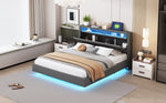 Upholstered Bed with USB Port, LED Lights, Storage Headboard (160x200cm) - Gray Linen