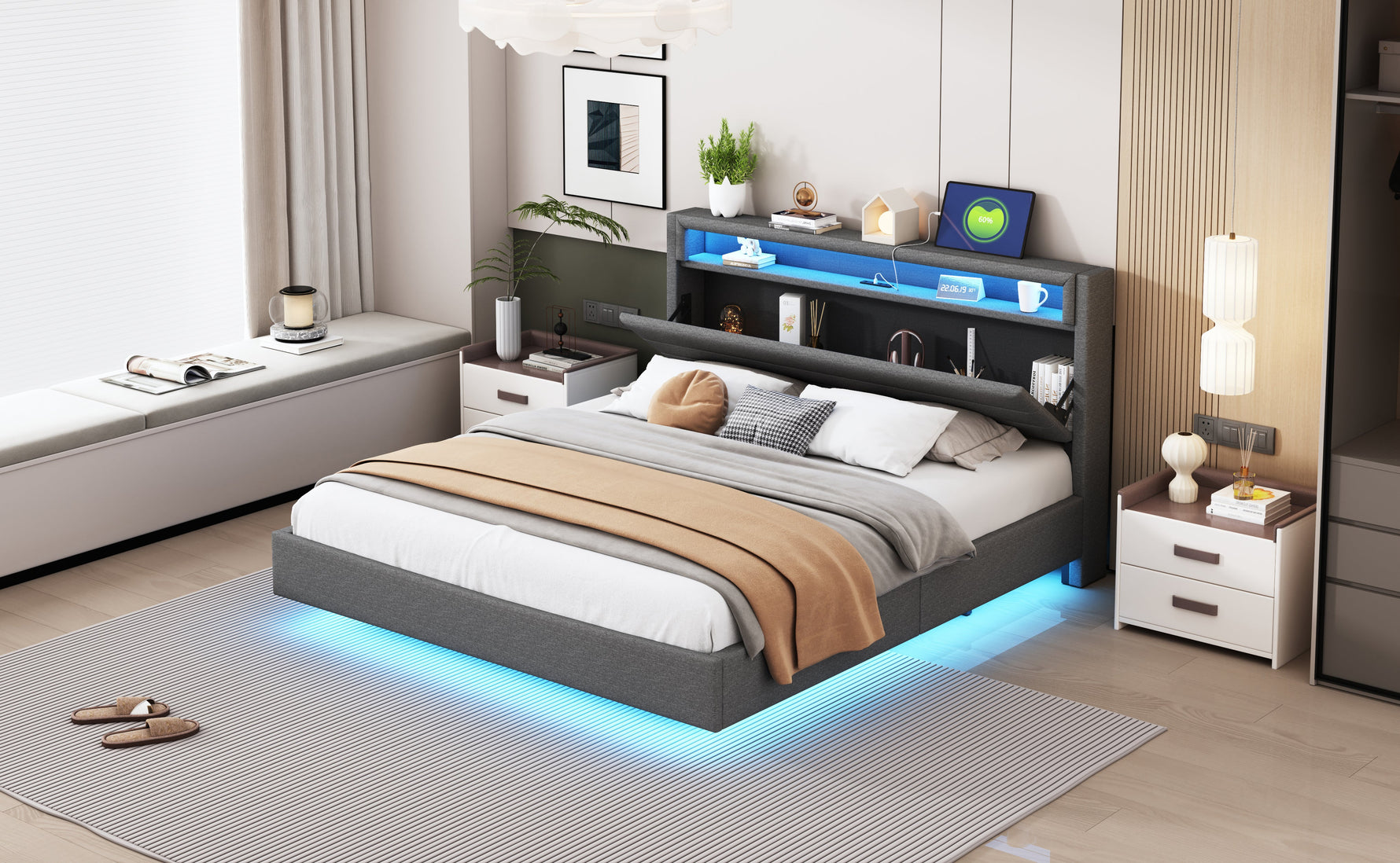 Upholstered Bed with USB Port, LED Lights, Storage Headboard (160x200cm) - Gray Linen