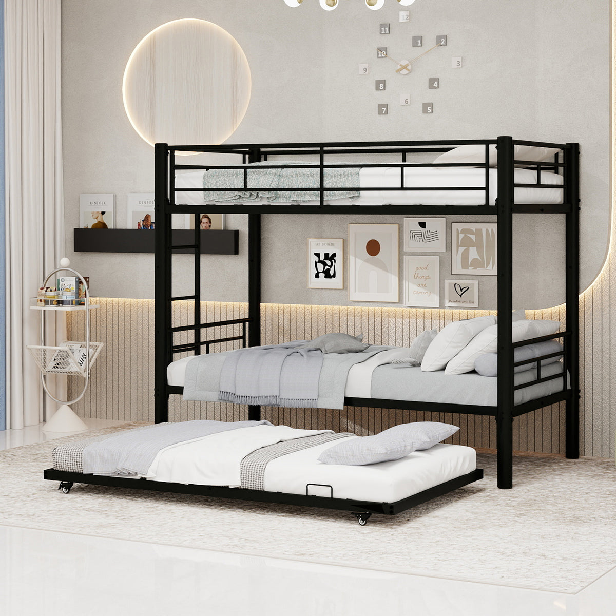 Modern Three-Tier Bed 90x190cm with Safety Railings, Metal