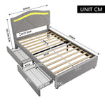 Upholstered Bed with LED Lights, 2 Drawers and Adjustable Headboard, Grey Linen