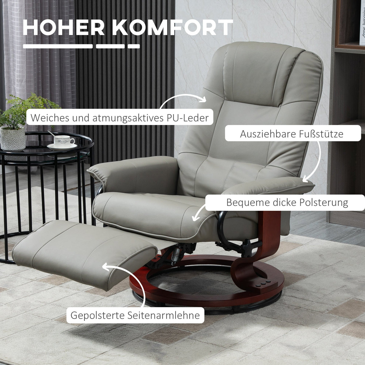 Electric TV Recliner, 145° Reclining Footrest with Side Buttons, Faux Leather Grey